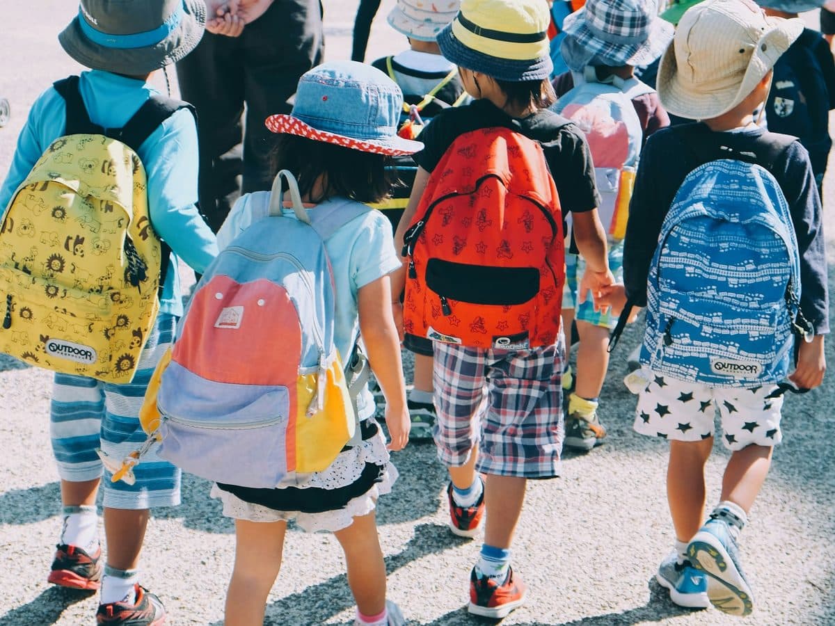 School children walking together carrying backpacks